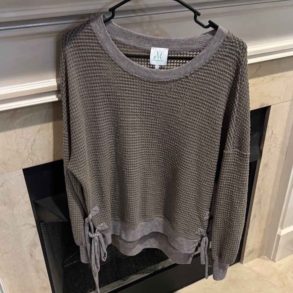 Gray Waffle Knit Sweater with Side Ties. Worn several times. Listing #808
